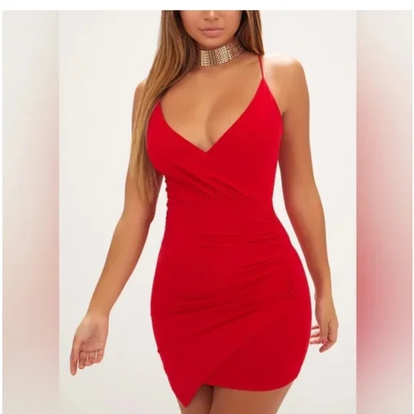 Women's Red Slinky Wrap Strappy Bodycon Dress - Size 4